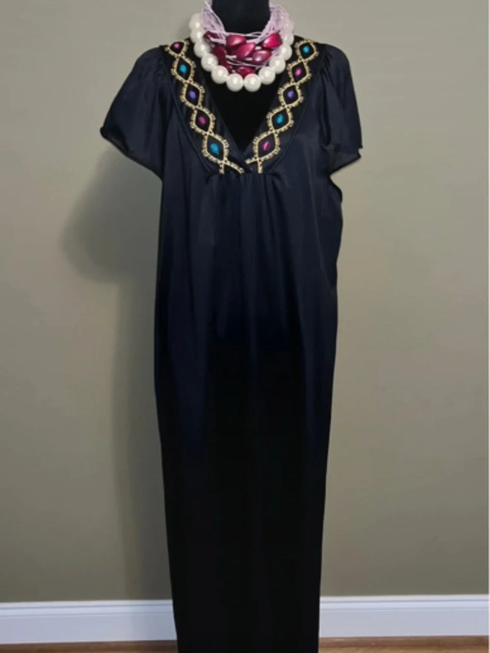 vassarette Black Beaded V-Neck Maxi Nightgown
